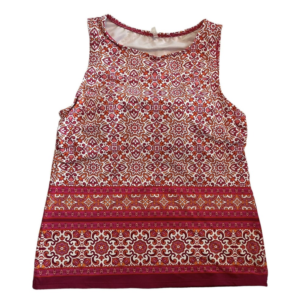 Lands' End High Neck Tankini Swim Top Cerise Pink Majolica Border
